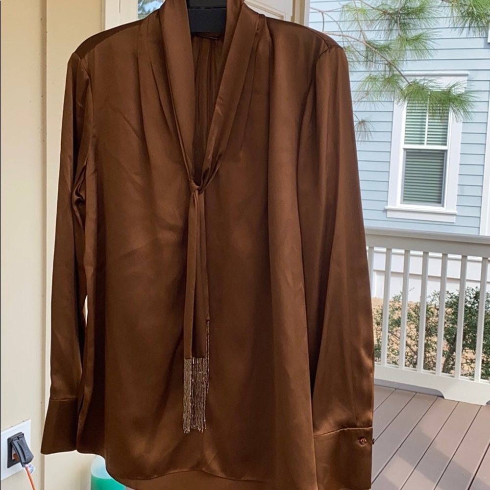 Elie Tahari silk blouse long sleeve V-neck scarf M